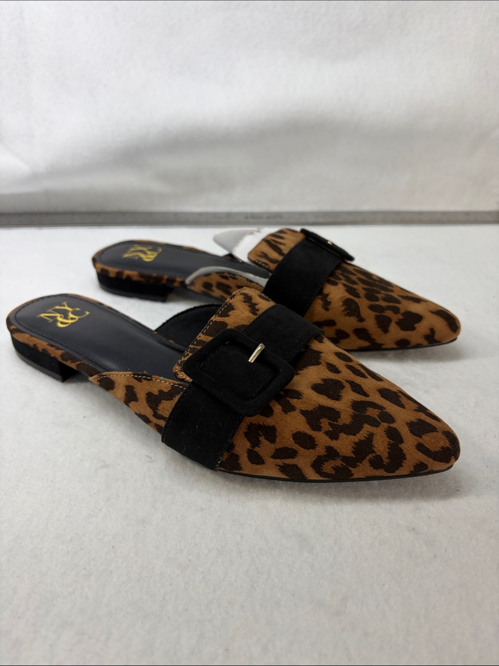 Size 8 NY&Co Leopard Print Pointed Toe Slide Mules with Black Buckle